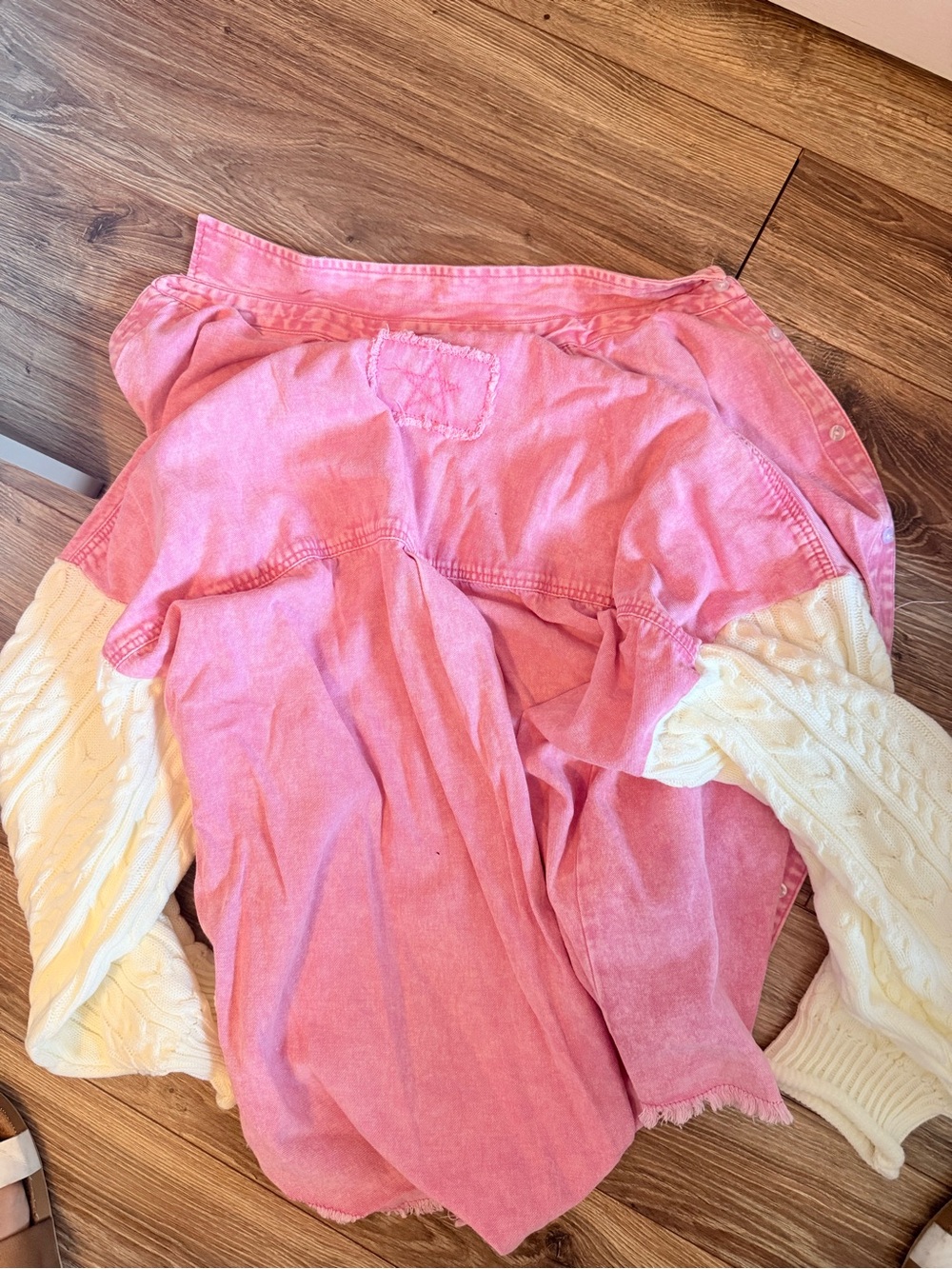Pink Denim Shacket with Cream Cable Knit Sleeves - Picture 3 of 3